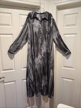 Black White Glam Button Down Beach CoverUp Caftan High Side Slits Sleeve Tabs 1X